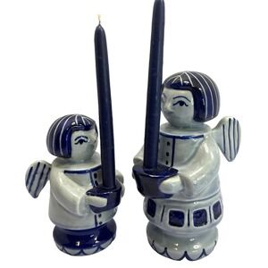 Pair Of Gzhel Russia Blue & White Porcelain Angel Candle Holder 5" & 7"Handmade